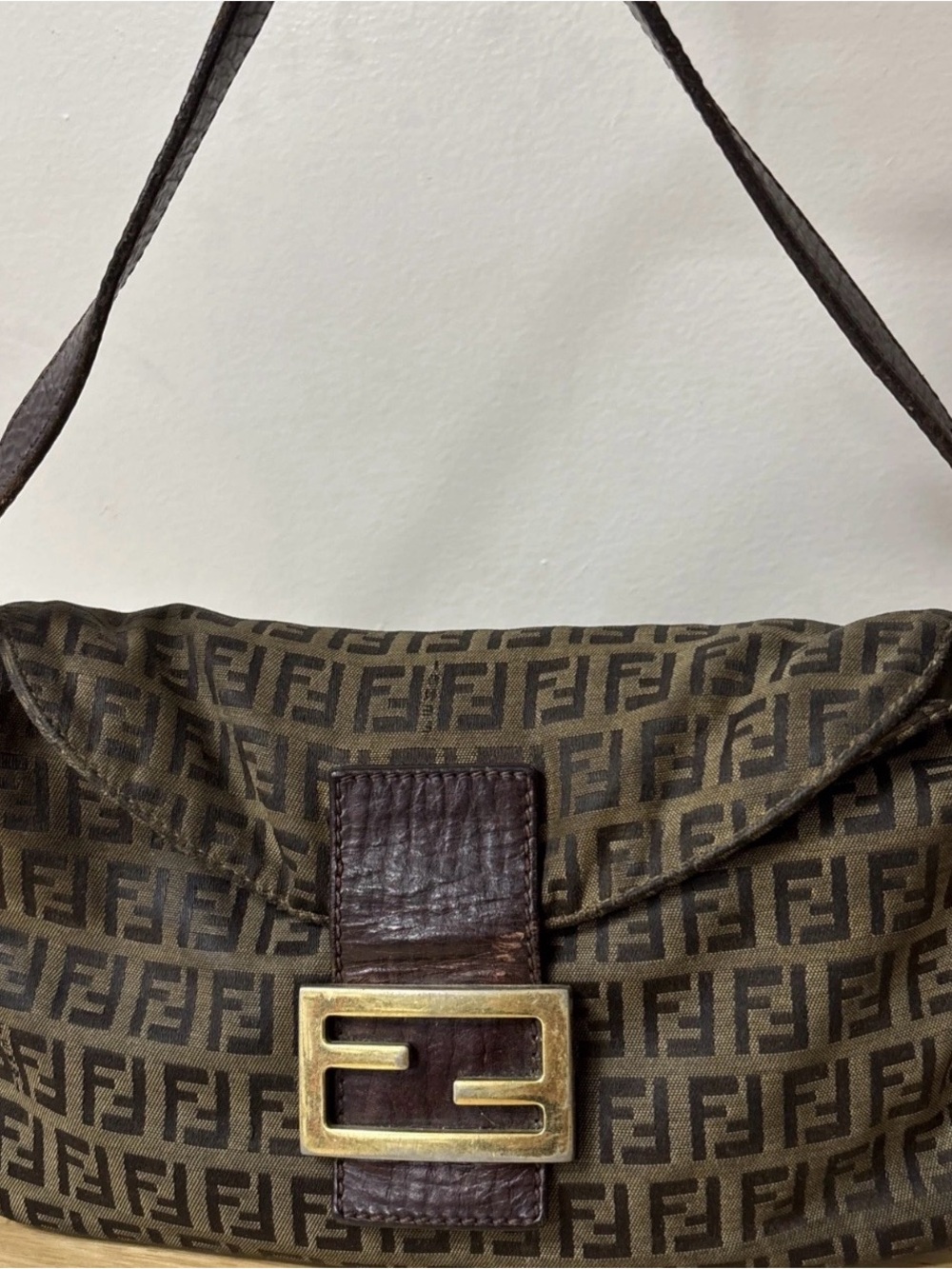 Fendi Zucca FF Baguette Brown Canvas Leather Shoulder Bag Handbag Purse